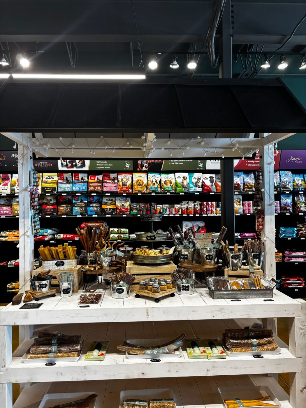 Shelves of dog food and a treat and chew display inside Earthwise Pet South Lamar